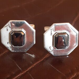 1960s Etched Silver Tone Vintage Cuff Links With Center Stone